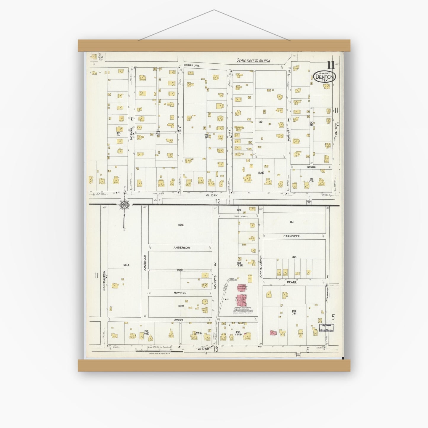 Old map wall art mockup — magnetic wood frame on white wall — Sanborn Fire Insurance Map from Denton, Denton County, Texas (1917), Sheet #0011
