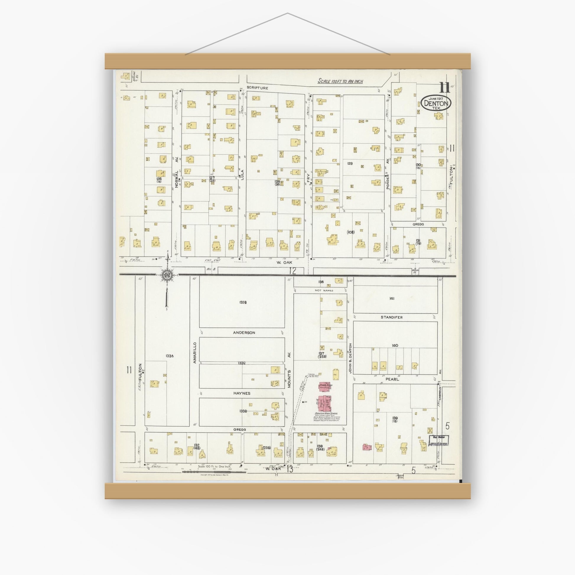 Old map wall art mockup — magnetic wood frame on white wall — Sanborn Fire Insurance Map from Denton, Denton County, Texas (1917), Sheet #0011