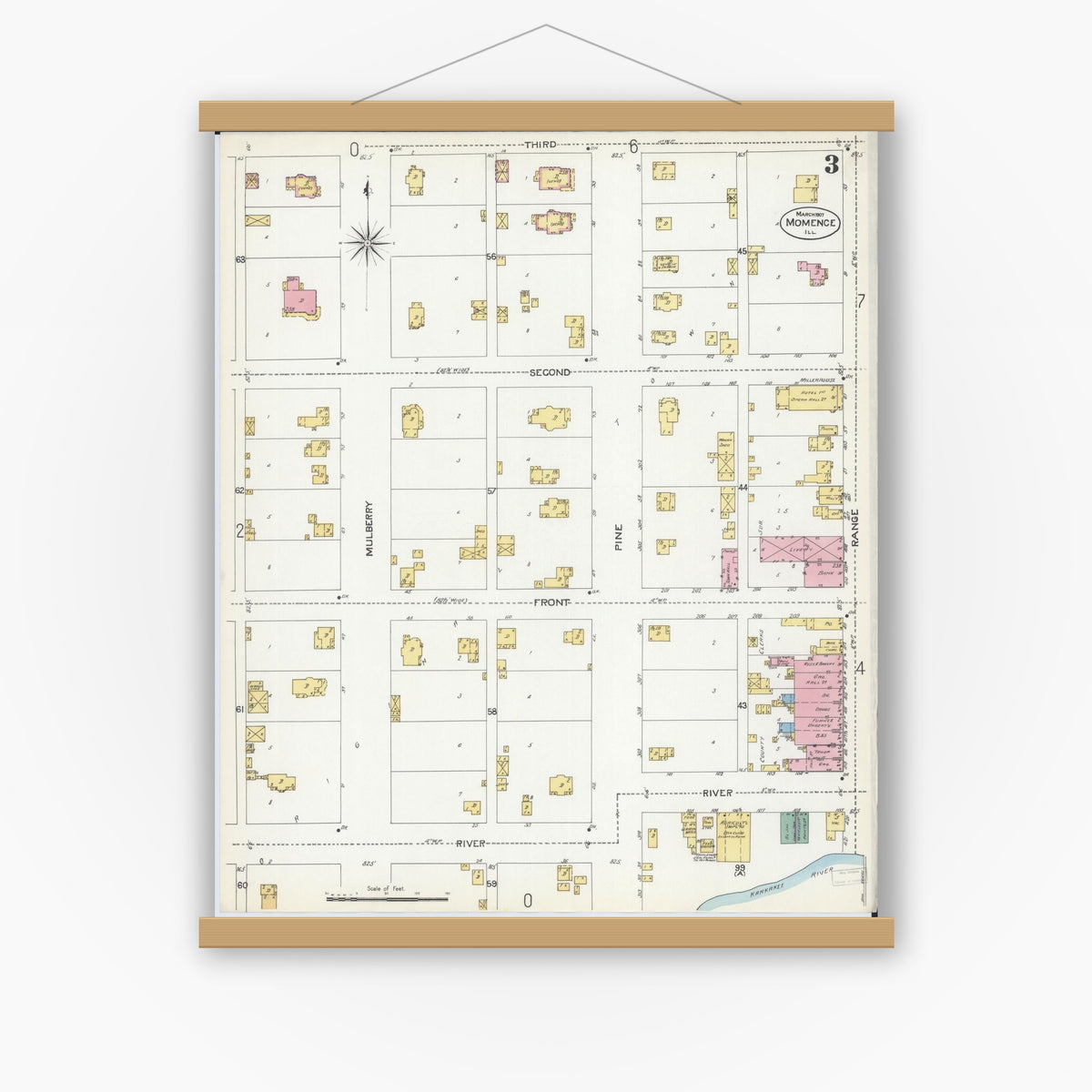 Old map wall art mockup — magnetic wood frame on white wall — Sanborn Fire Insurance Map from Momence, Kankakee County, Illinois (1907), Sheet #0003