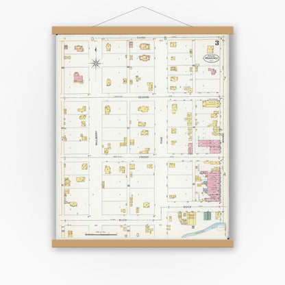 Old map wall art mockup — magnetic wood frame on white wall — Sanborn Fire Insurance Map from Momence, Kankakee County, Illinois (1907), Sheet #0003