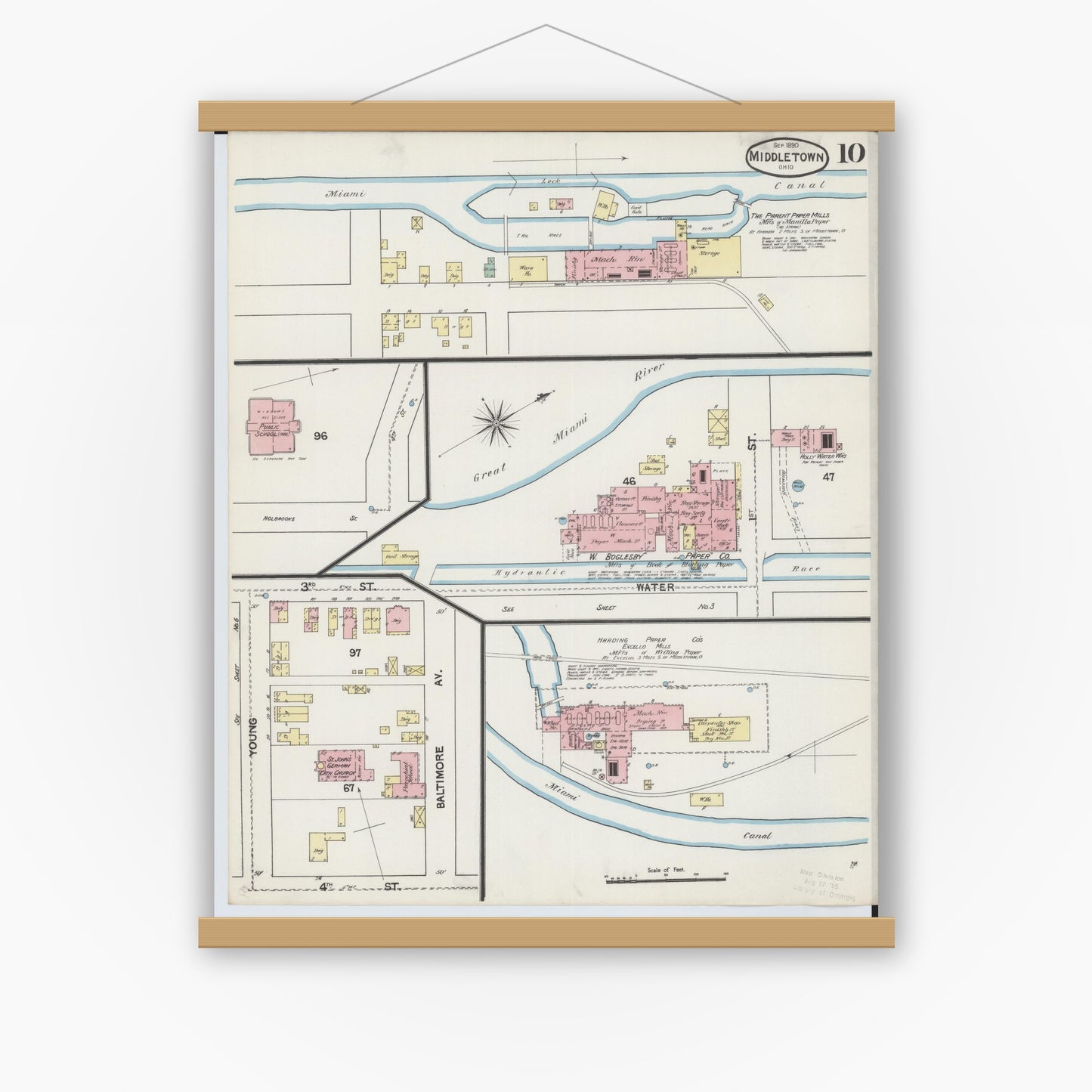 Old map wall art mockup — magnetic wood frame on white wall — Sanborn Fire Insurance Map from Middletown, Butler County, Ohio (1890), Sheet #0010