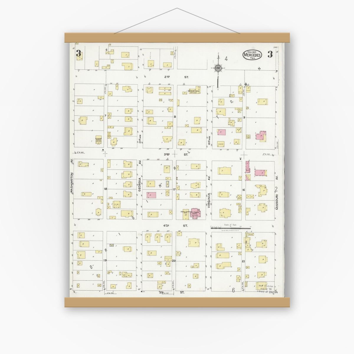 Old map wall art mockup — magnetic wood frame on white wall — Sanborn Fire Insurance Map from Mercedes, Hidalgo County, Texas (1925), Sheet #0003
