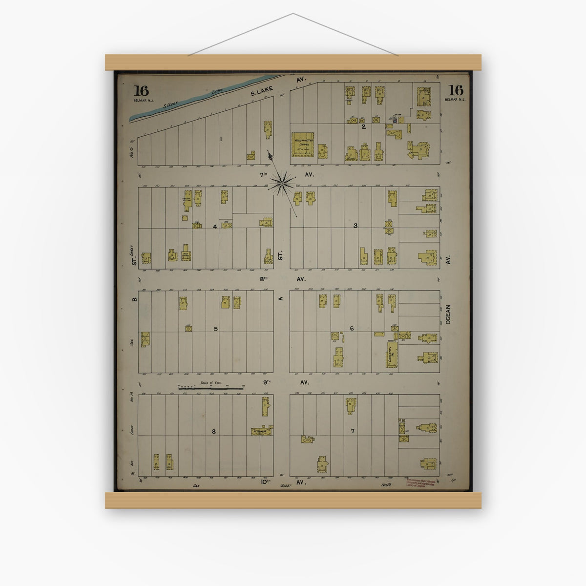 Old map wall art mockup — magnetic wood frame on white wall — Sanborn Fire Insurance Map from New Jersey Coast, New Jersey Coast, New Jersey (1890), Sheet #0016