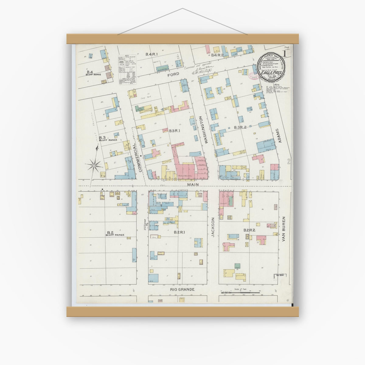 Old map wall art mockup — magnetic wood frame on white wall — Sanborn Fire Insurance Map from Eagle Pass, Maverick County, Texas (1894) - Complete Map Set