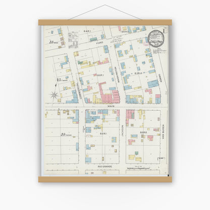 Old map wall art mockup — magnetic wood frame on white wall — Sanborn Fire Insurance Map from Eagle Pass, Maverick County, Texas (1894) - Complete Map Set