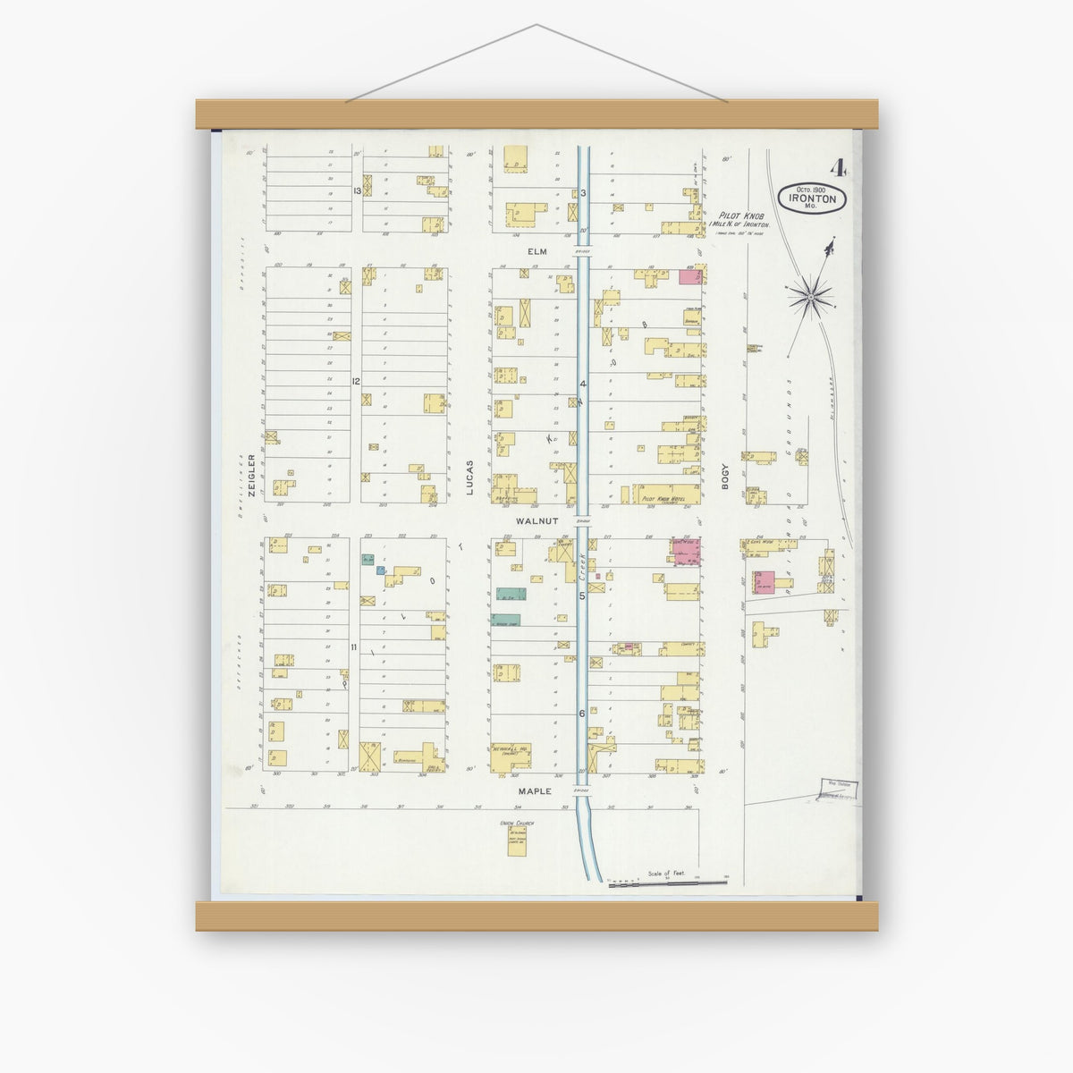 Old map wall art mockup — magnetic wood frame on white wall — Sanborn Fire Insurance Map from Ironton, Iron County, Missouri (1900), Sheet #0004