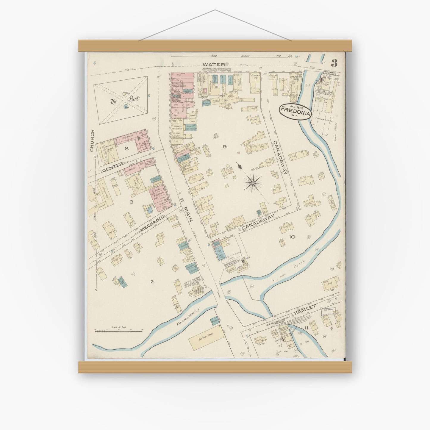 Old map wall art mockup — magnetic wood frame on white wall — Sanborn Fire Insurance Map from Fredonia, Chautauqua County, New York (1886), Sheet #0003