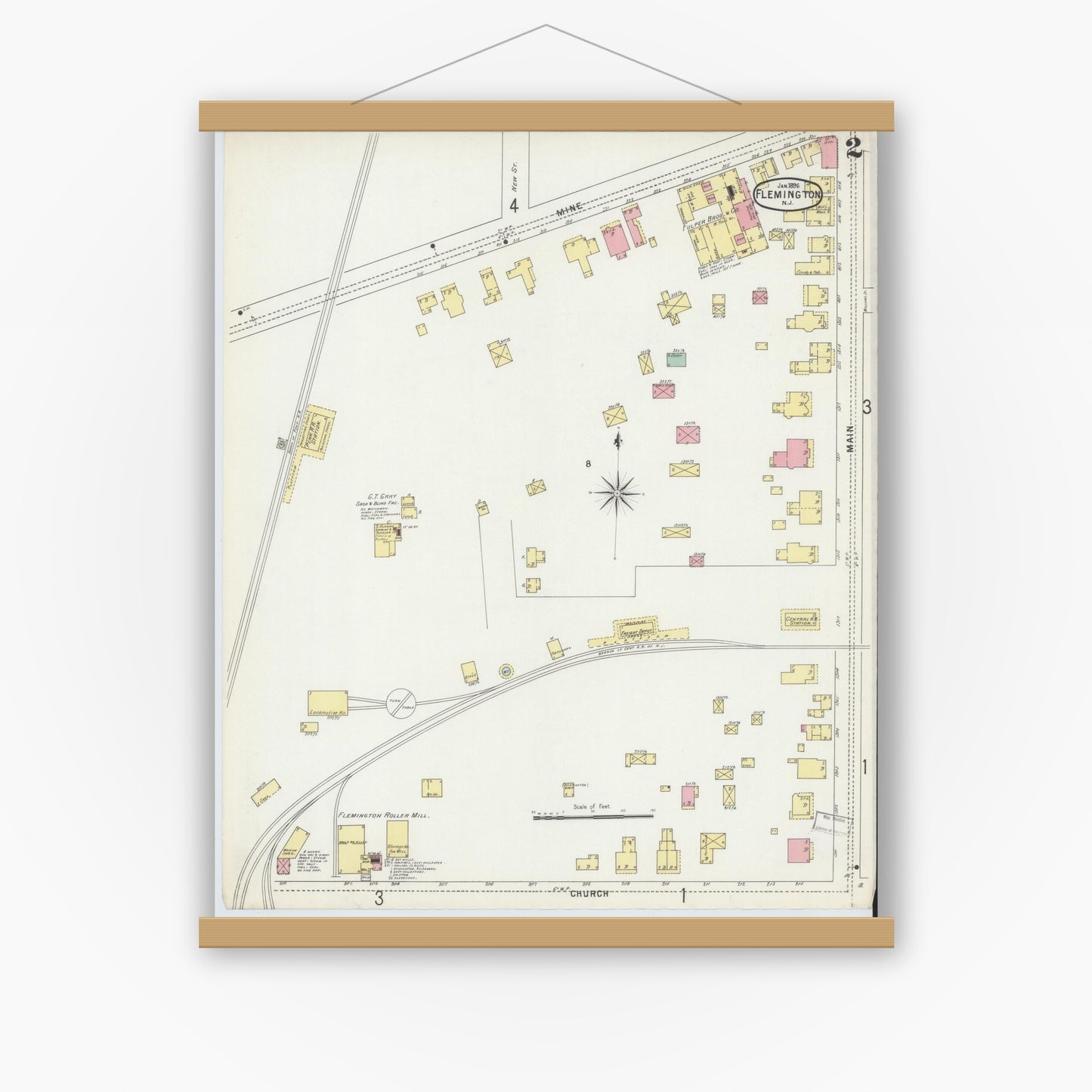 Old map wall art mockup — magnetic wood frame on white wall — Sanborn Fire Insurance Map from Flemington, Hunterdon County, New Jersey (1896), Sheet #0002