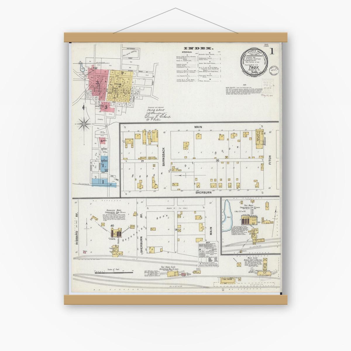 Old map wall art mockup — magnetic wood frame on white wall — Sanborn Fire Insurance Map from Troy, Madison County, Illinois (1899), Sheet #0001