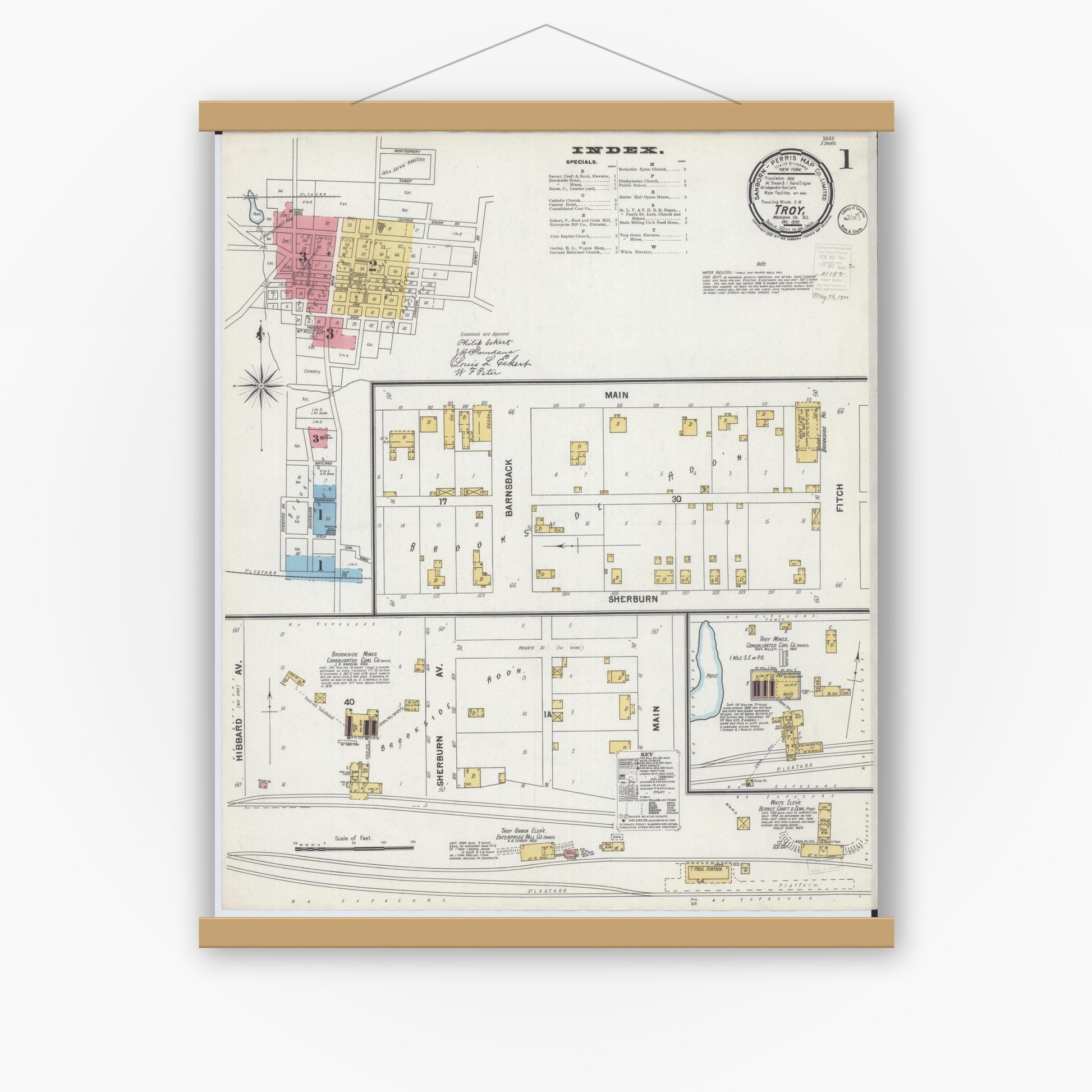 Old map wall art mockup — magnetic wood frame on white wall — Sanborn Fire Insurance Map from Troy, Madison County, Illinois (1899), Sheet #0001