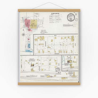 Old map wall art mockup — magnetic wood frame on white wall — Sanborn Fire Insurance Map from Troy, Madison County, Illinois (1899), Sheet #0001