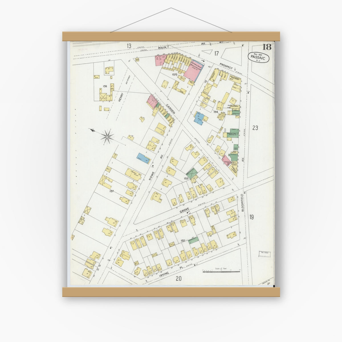 Old map wall art mockup — magnetic wood frame on white wall — Sanborn Fire Insurance Map from Passaic, Passaic County, New Jersey (1899), Sheet #0018