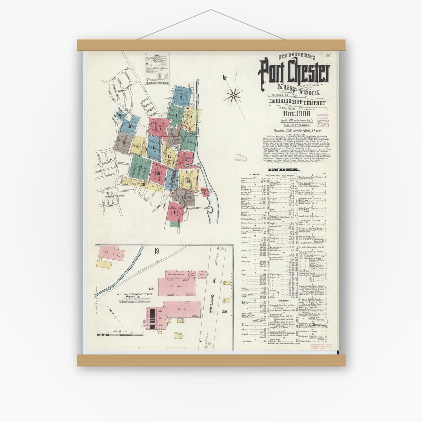 Old map wall art mockup — magnetic wood frame on white wall — Sanborn Fire Insurance Map from Port Chester, Westchester County, New York (1908), Sheet #0001