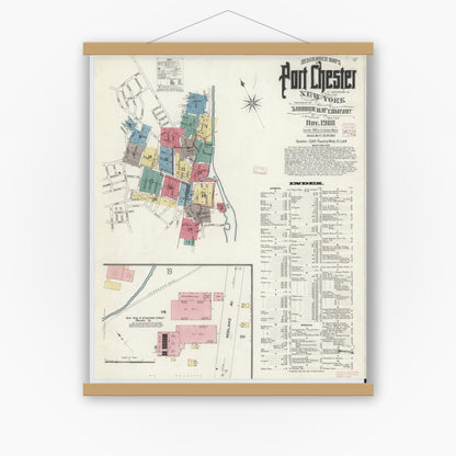Old map wall art mockup — magnetic wood frame on white wall — Sanborn Fire Insurance Map from Port Chester, Westchester County, New York (1908), Sheet #0001