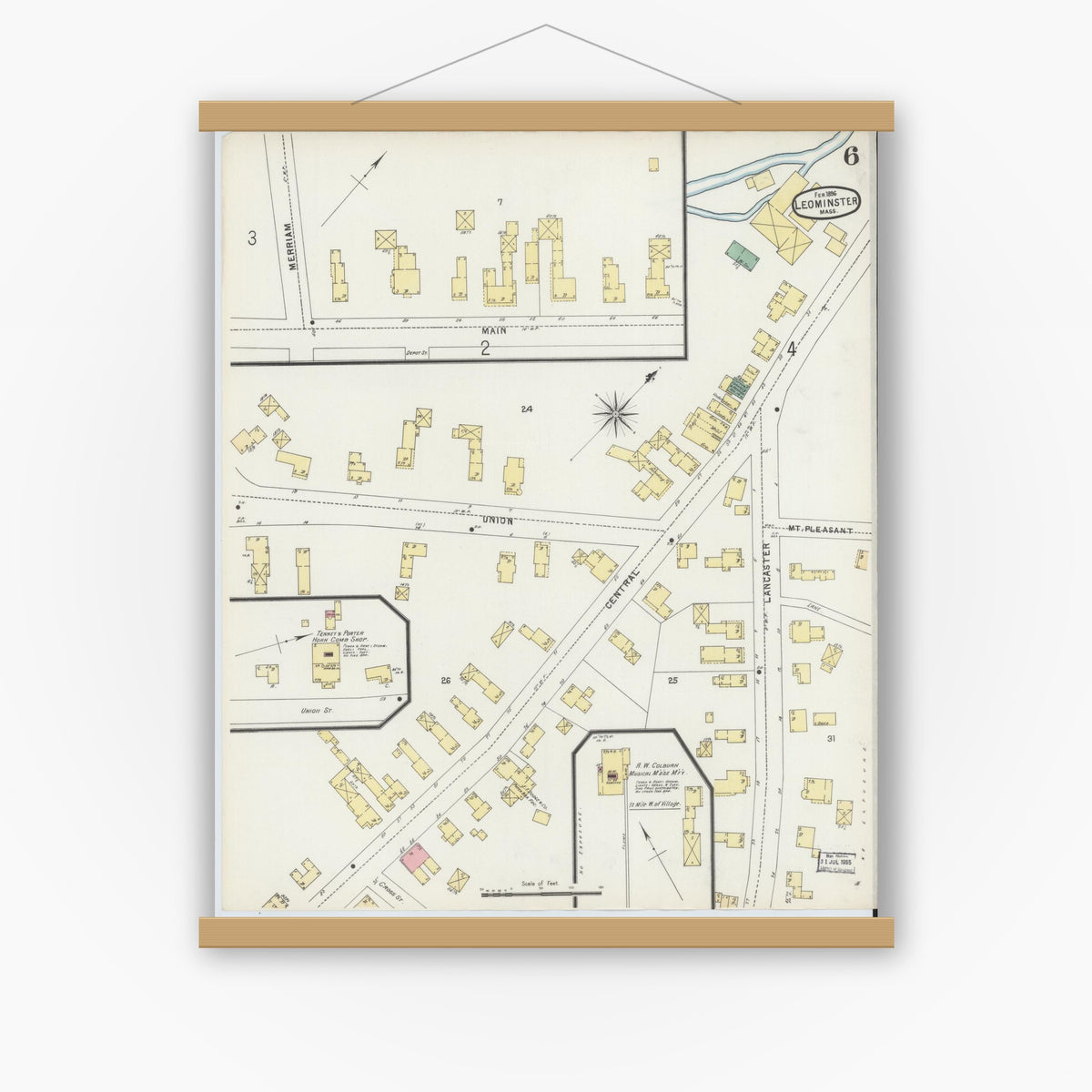 Old map wall art mockup — magnetic wood frame on white wall — Sanborn Fire Insurance Map from Leominster, Worcester County, Massachusetts (1896), Sheet #0006