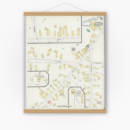 Old map wall art mockup — magnetic wood frame on white wall — Sanborn Fire Insurance Map from Leominster, Worcester County, Massachusetts (1896), Sheet #0006