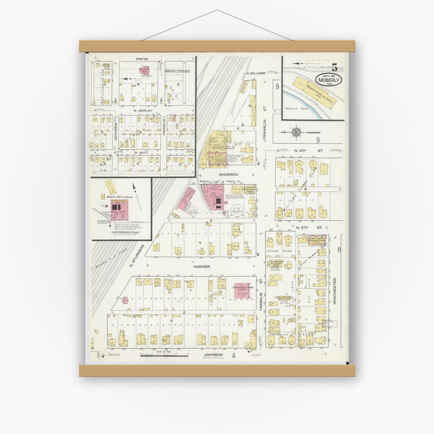 Old map wall art mockup — magnetic wood frame on white wall — Sanborn Fire Insurance Map from Moberly, Randolph County, Missouri (1916), Sheet #0005