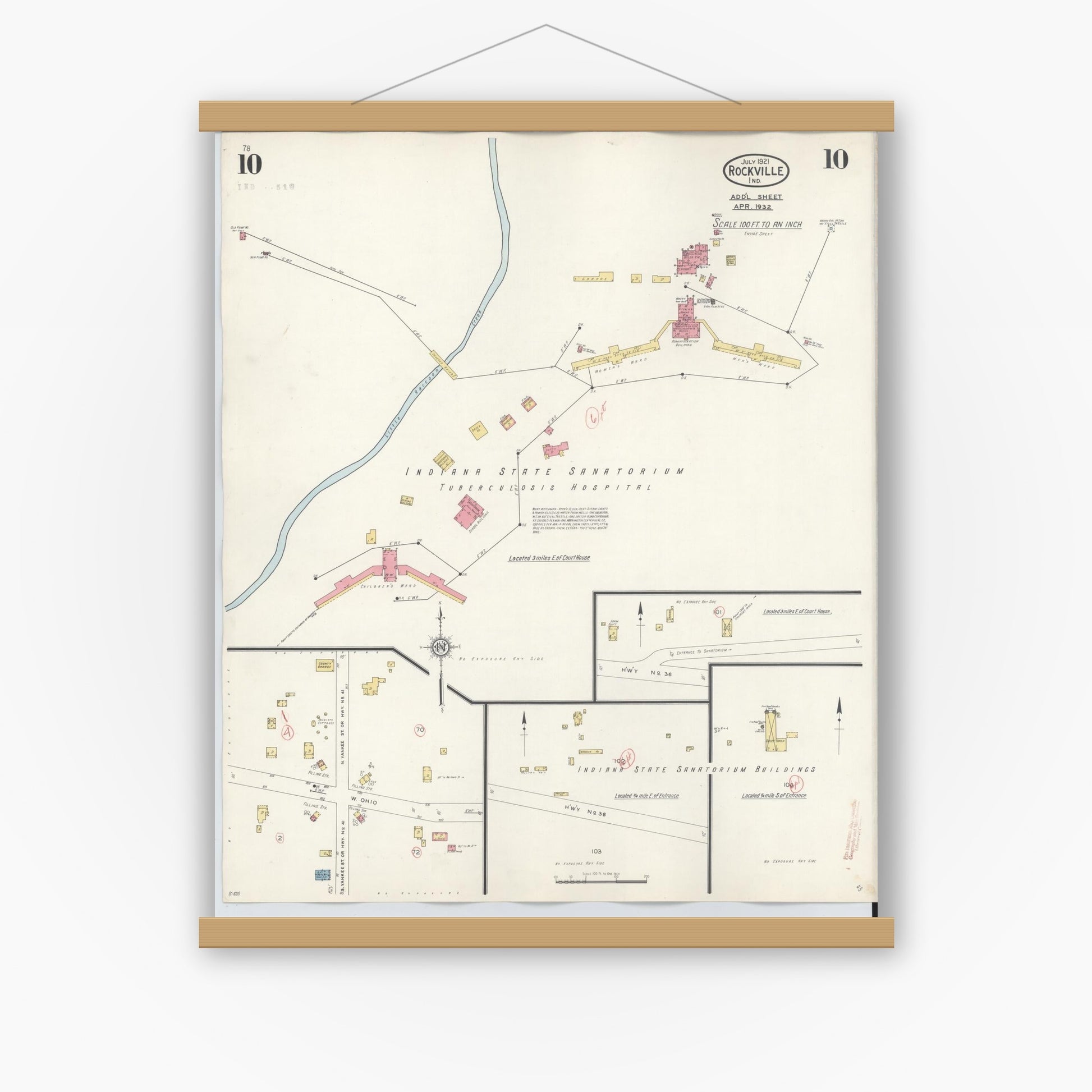 Old map wall art mockup — magnetic wood frame on white wall — Sanborn Fire Insurance Map from Rockville, Parke County, Indiana (1932), Sheet #0010