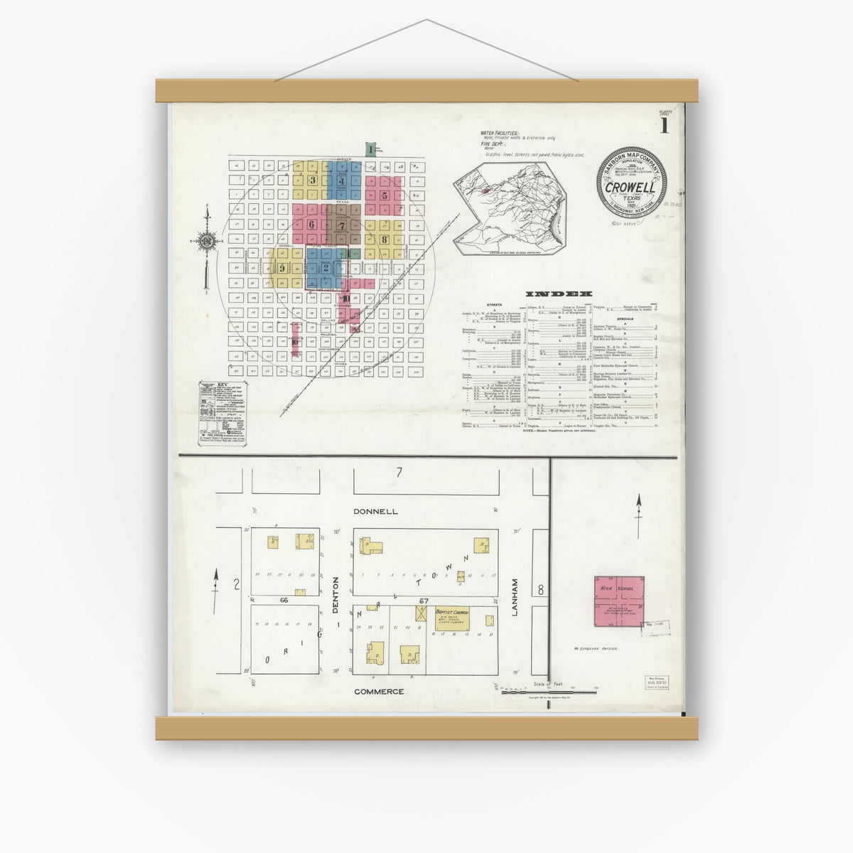 Old map wall art mockup — magnetic wood frame on white wall — Sanborn Fire Insurance Map from Crowell, Foard County, Texas (1921) - Complete Map Set