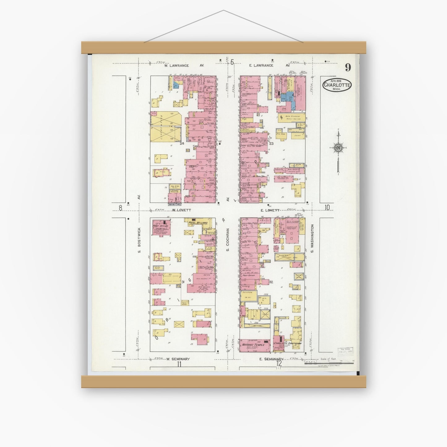 Old map wall art mockup — magnetic wood frame on white wall — Sanborn Fire Insurance Map from Charlotte, Eaton County, Michigan (1918), Sheet #0009