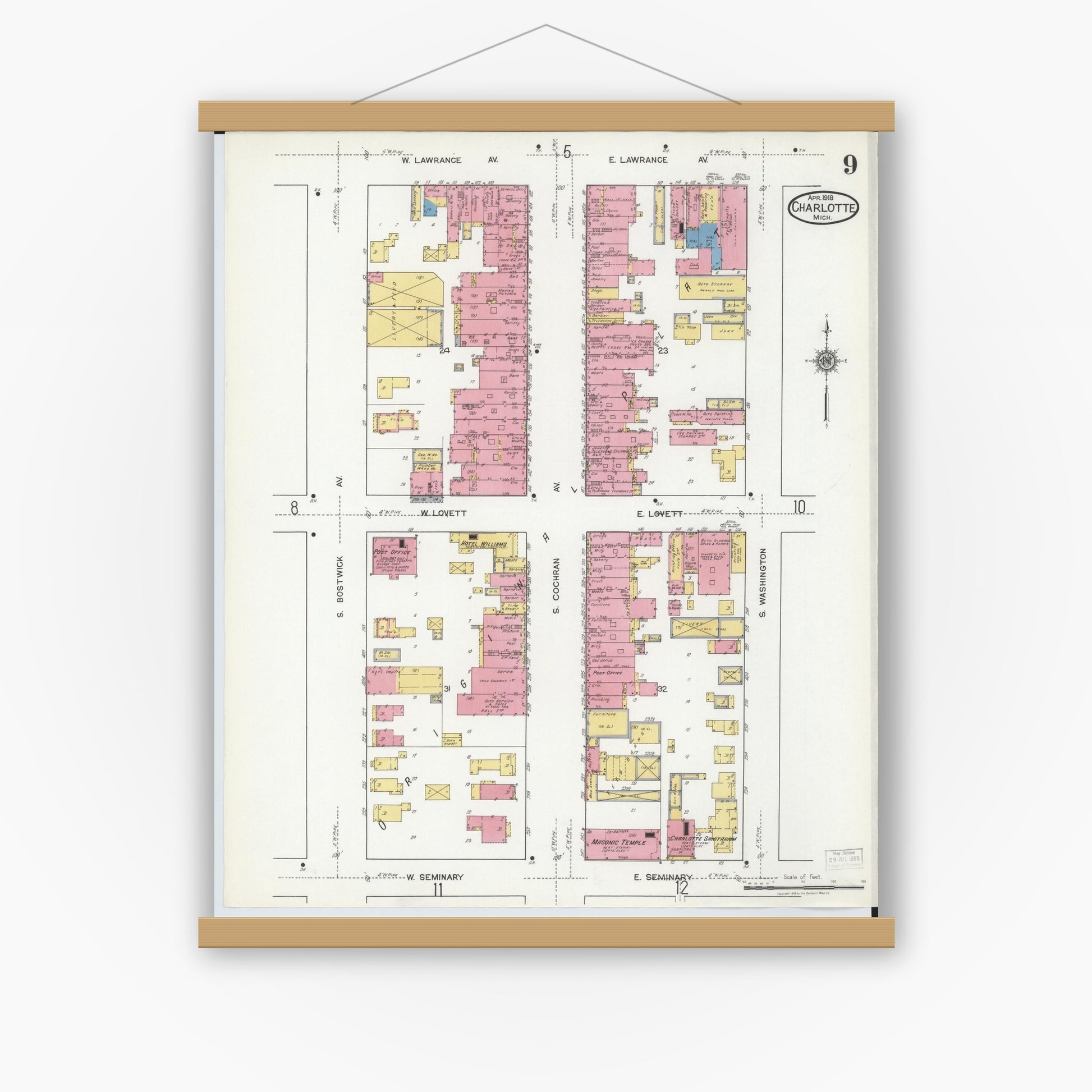 Old map wall art mockup — magnetic wood frame on white wall — Sanborn Fire Insurance Map from Charlotte, Eaton County, Michigan (1918), Sheet #0009