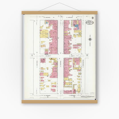 Old map wall art mockup — magnetic wood frame on white wall — Sanborn Fire Insurance Map from Charlotte, Eaton County, Michigan (1918), Sheet #0009