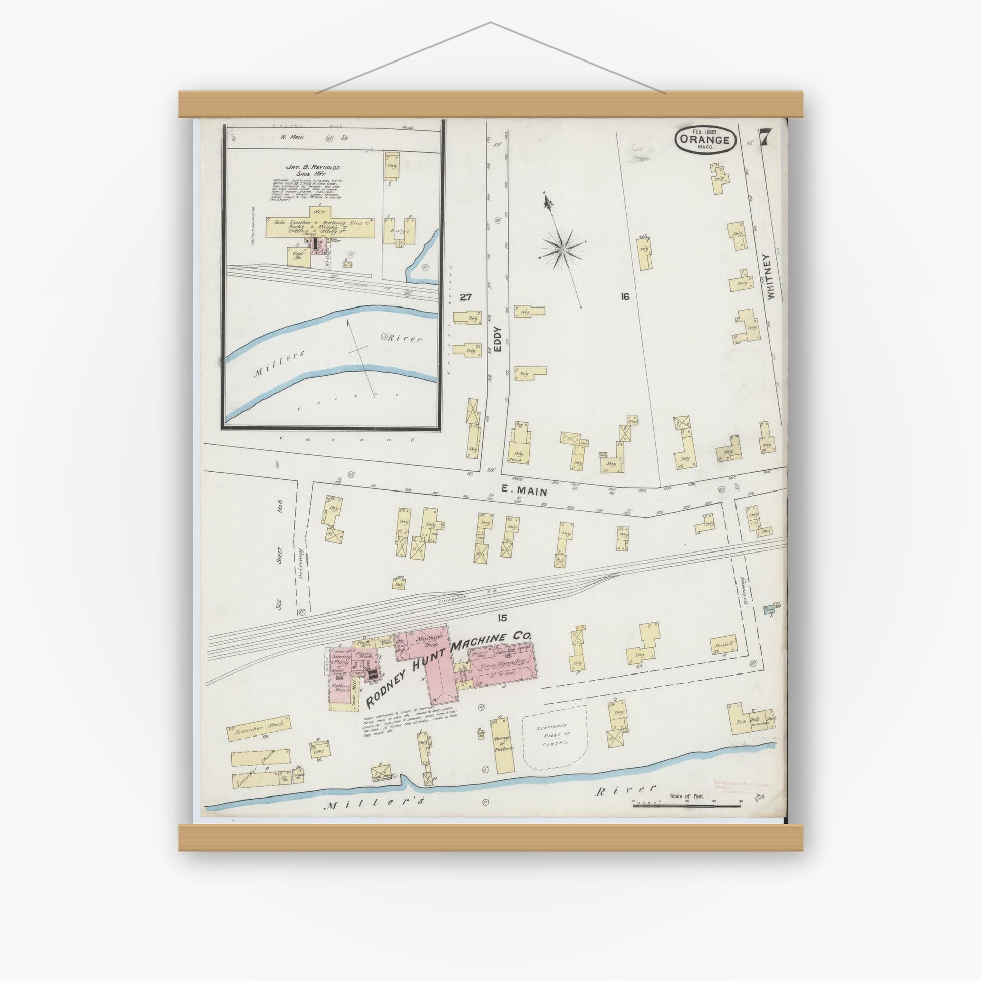 Old map wall art mockup — magnetic wood frame on white wall — Sanborn Fire Insurance Map from Orange, Franklin County, Massachusetts (1889), Sheet #0007
