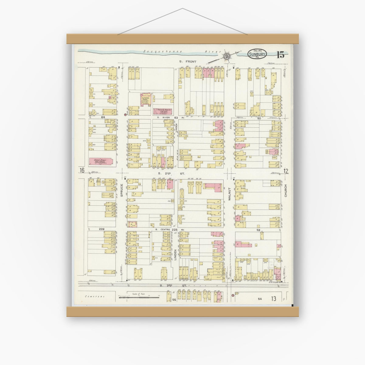 Old map wall art mockup — magnetic wood frame on white wall — Sanborn Fire Insurance Map from Sunbury, Northumberland County, Pennsylvania (1912), Sheet #0015