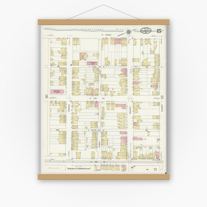 Old map wall art mockup — magnetic wood frame on white wall — Sanborn Fire Insurance Map from Sunbury, Northumberland County, Pennsylvania (1912), Sheet #0015