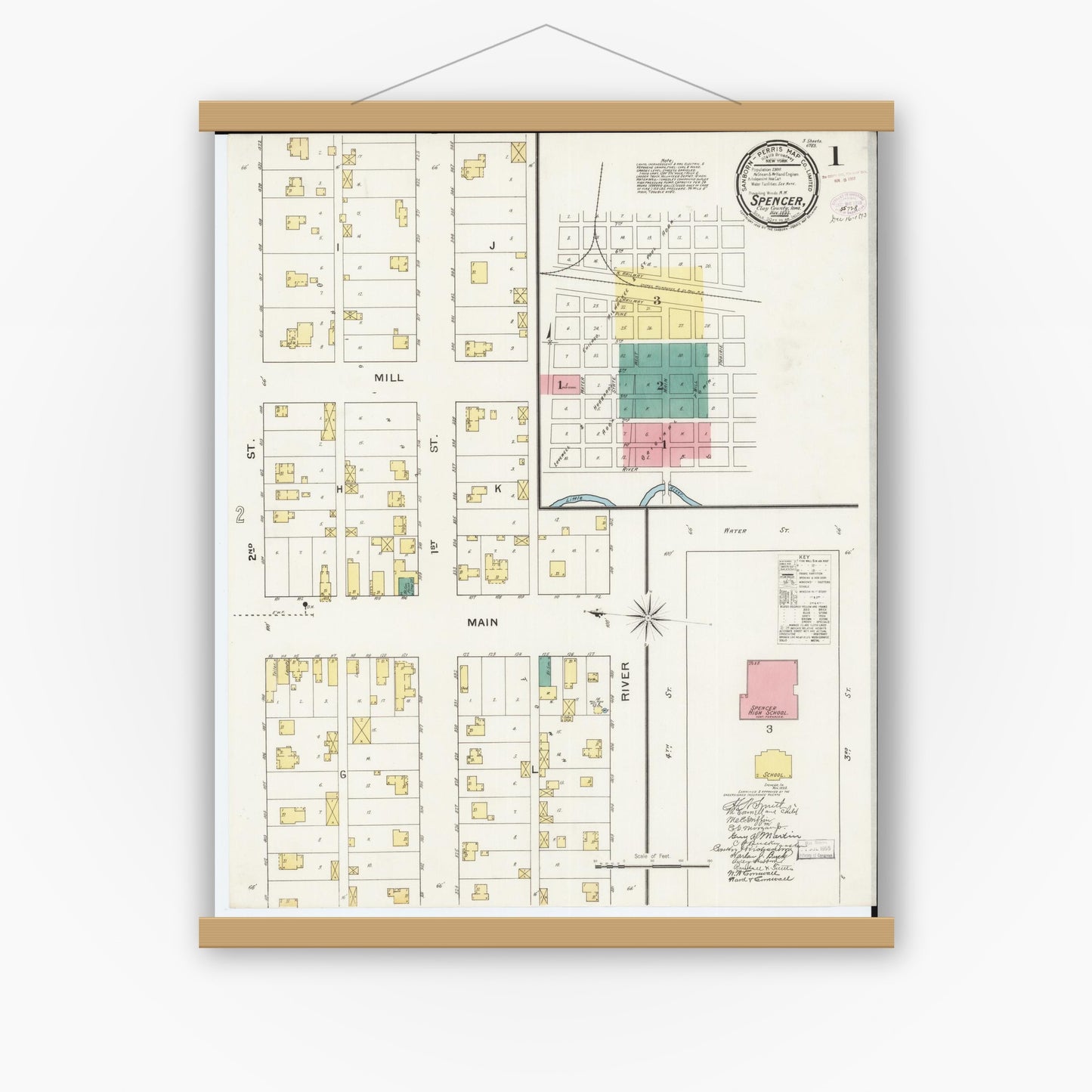 Old map wall art mockup — magnetic wood frame on white wall — Sanborn Fire Insurance Map from Spencer, Clay County, Iowa (1893), Sheet #0001