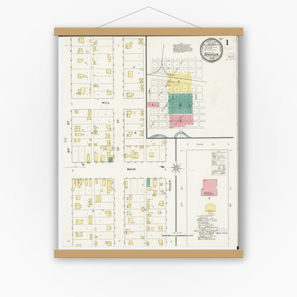 Old map wall art mockup — magnetic wood frame on white wall — Sanborn Fire Insurance Map from Spencer, Clay County, Iowa (1893), Sheet #0001