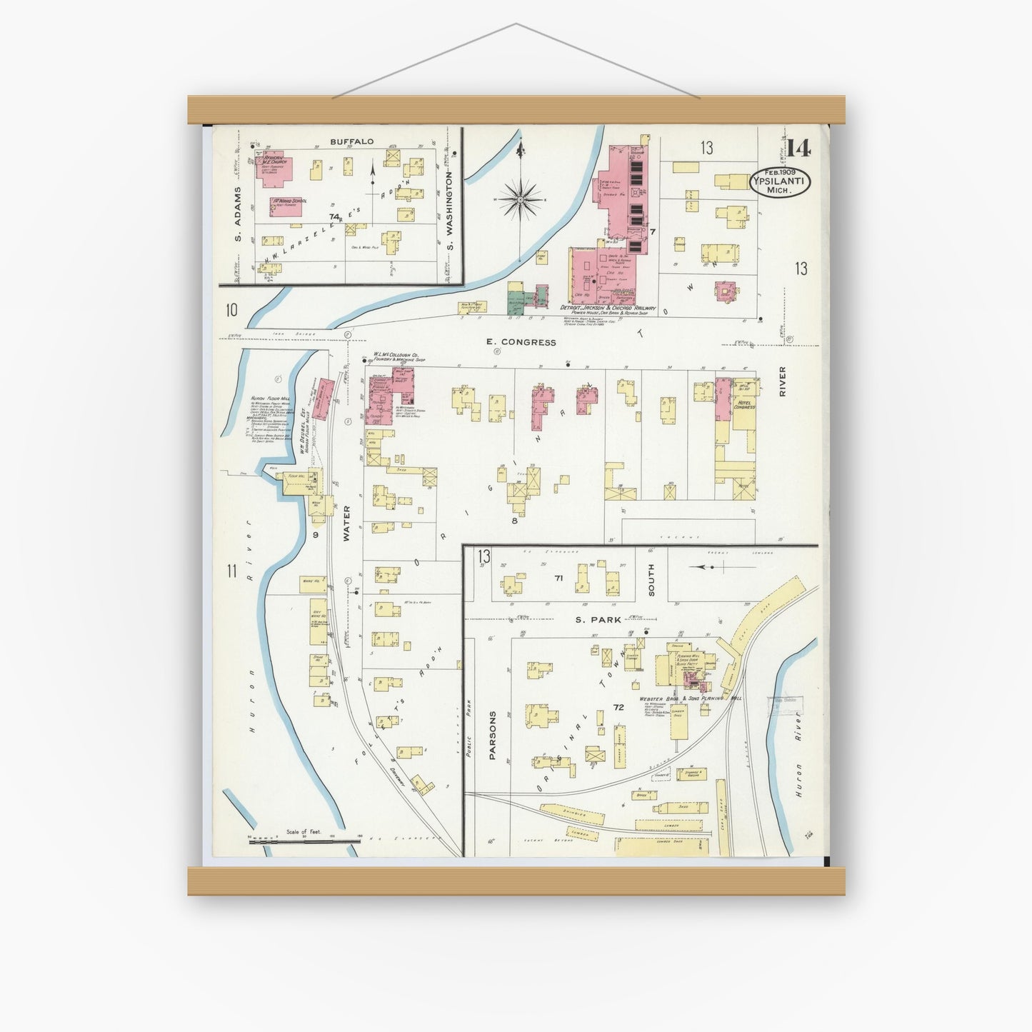 Old map wall art mockup — magnetic wood frame on white wall — Sanborn Fire Insurance Map from Ypsilanti, Washtenaw County, Michigan (1909), Sheet #0014