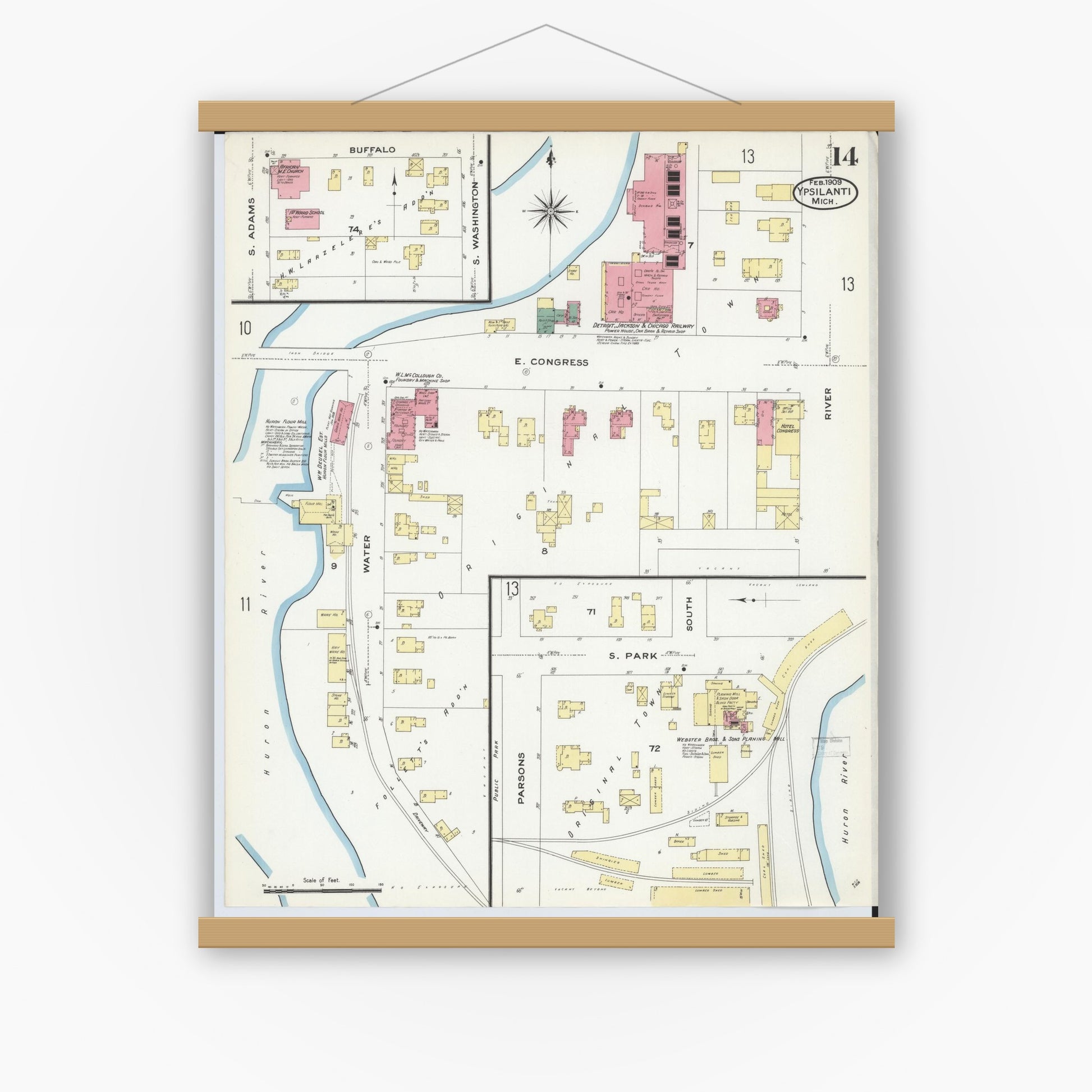 Old map wall art mockup — magnetic wood frame on white wall — Sanborn Fire Insurance Map from Ypsilanti, Washtenaw County, Michigan (1909), Sheet #0014