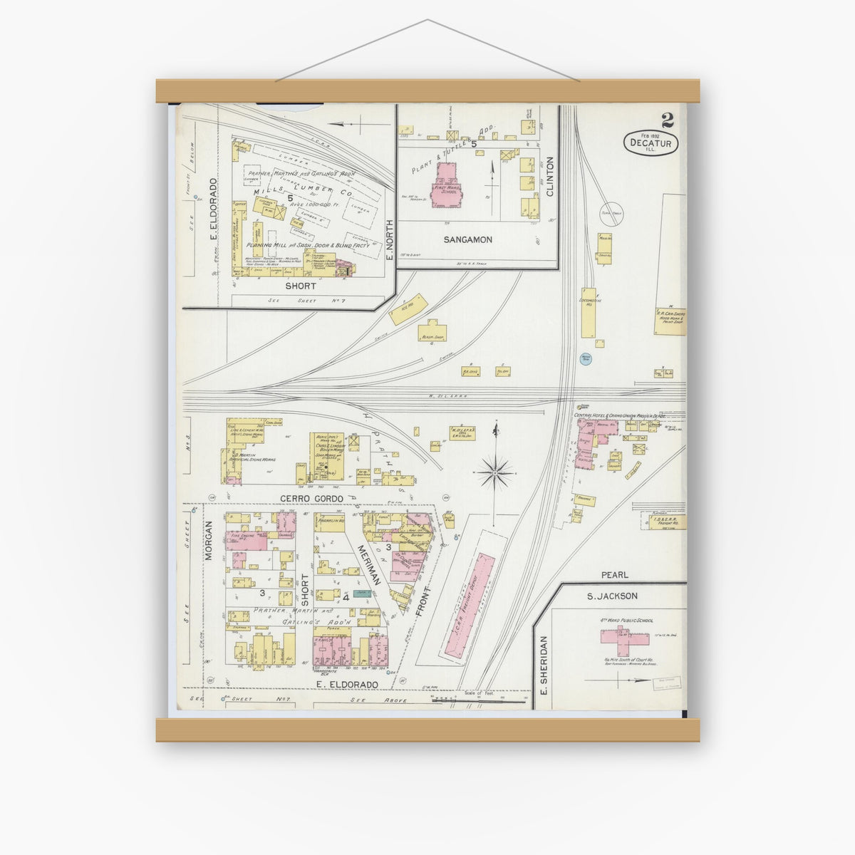 Old map wall art mockup — magnetic wood frame on white wall — Sanborn Fire Insurance Map from Decatur, Macon County, Illinois (1892), Sheet #0002