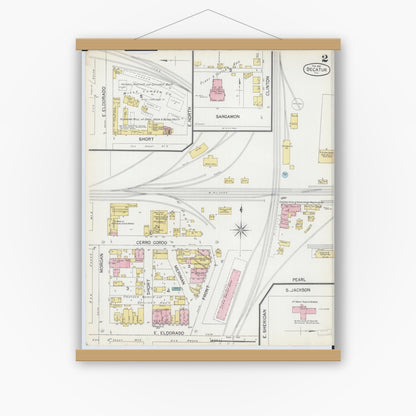 Old map wall art mockup — magnetic wood frame on white wall — Sanborn Fire Insurance Map from Decatur, Macon County, Illinois (1892), Sheet #0002