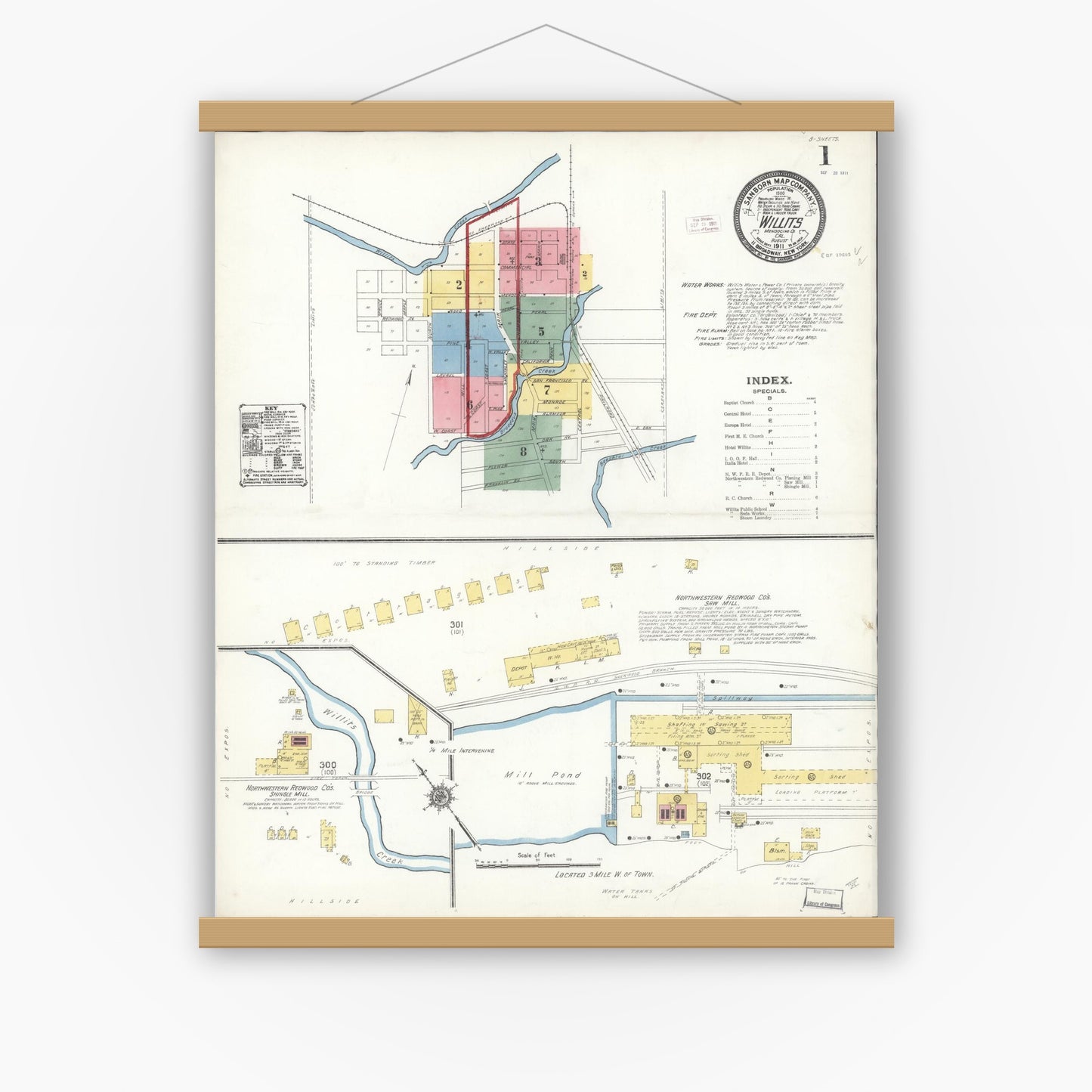 Old map wall art mockup — magnetic wood frame on white wall — Sanborn Fire Insurance Map from Willits, Mendocino County, California (1911) - Complete Map Set