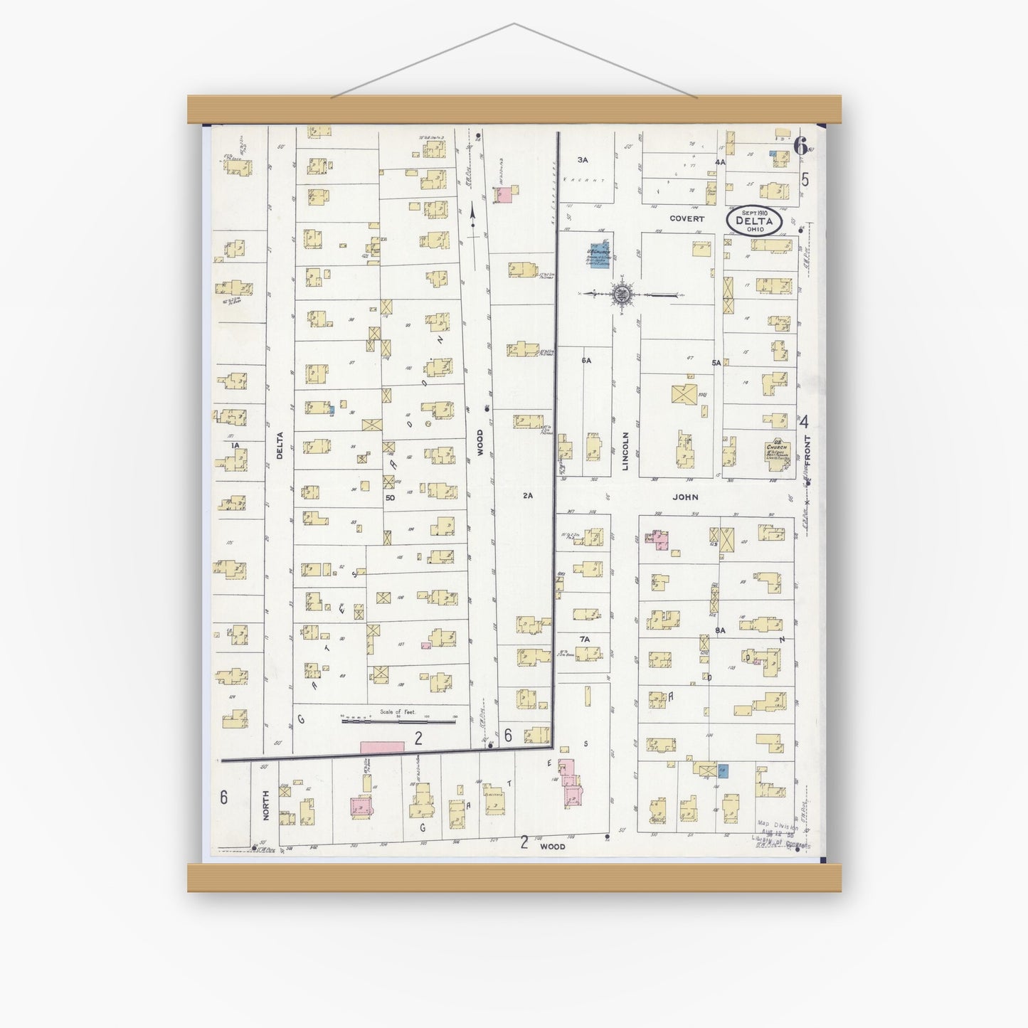 Old map wall art mockup — magnetic wood frame on white wall — Sanborn Fire Insurance Map from Delta, Fulton County, Ohio (1910), Sheet #0006