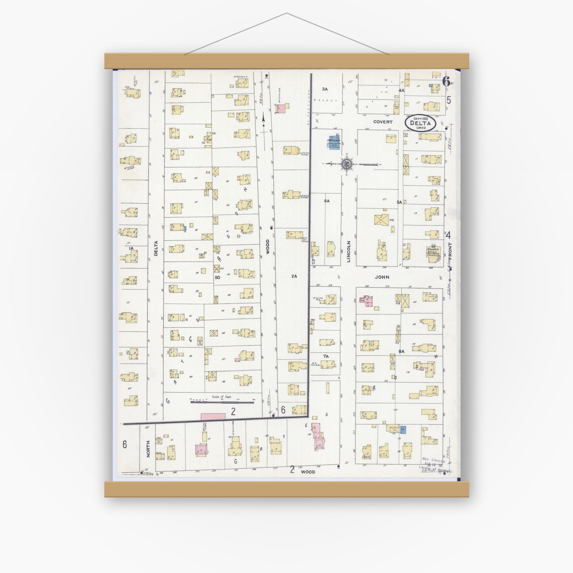 Old map wall art mockup — magnetic wood frame on white wall — Sanborn Fire Insurance Map from Delta, Fulton County, Ohio (1910), Sheet #0006