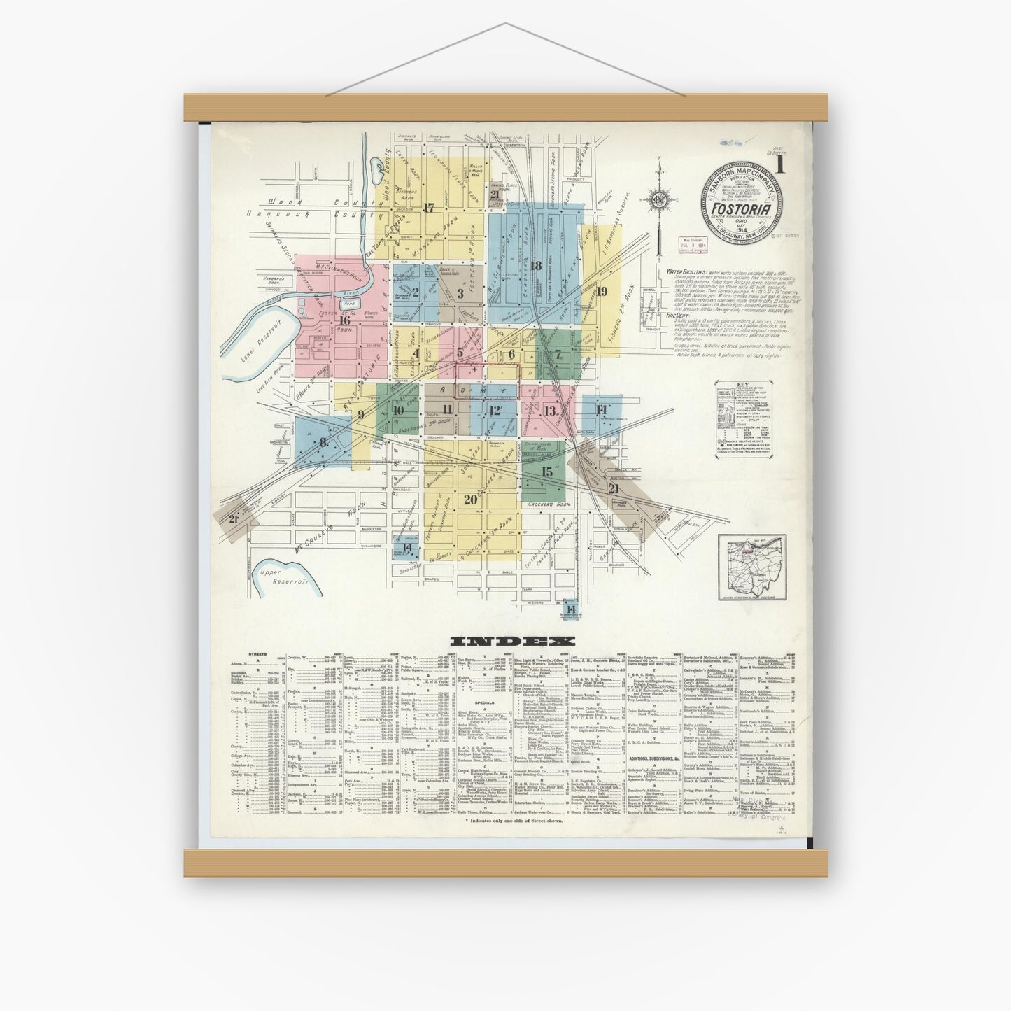 Old map wall art mockup — magnetic wood frame on white wall — Sanborn Fire Insurance Map from Fostoria, Seneca, Hancock, And Wood Counties, Ohio (1914), Sheet #0001