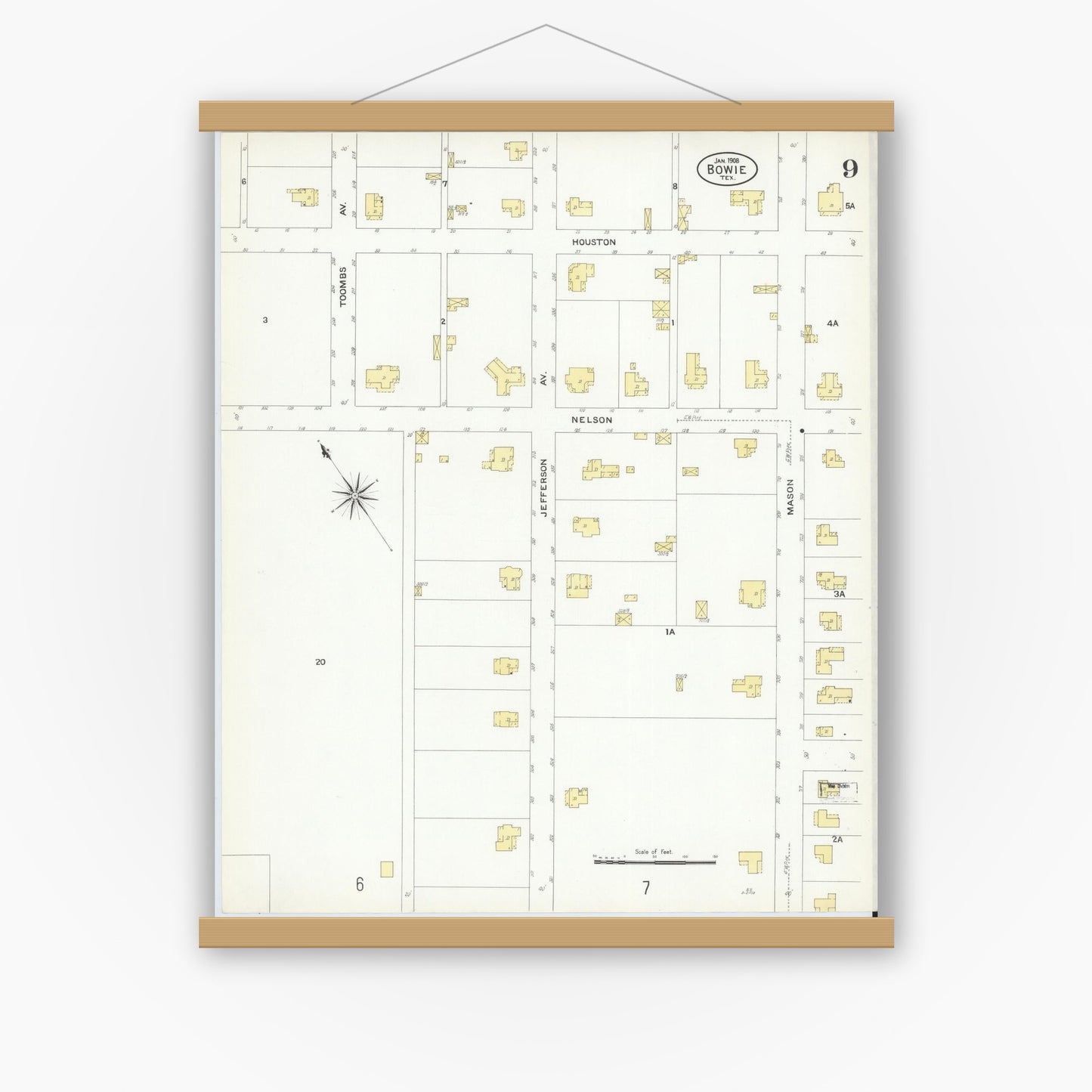 Old map wall art mockup — magnetic wood frame on white wall — Sanborn Fire Insurance Map from Bowie, Montague County, Texas (1908), Sheet #0009