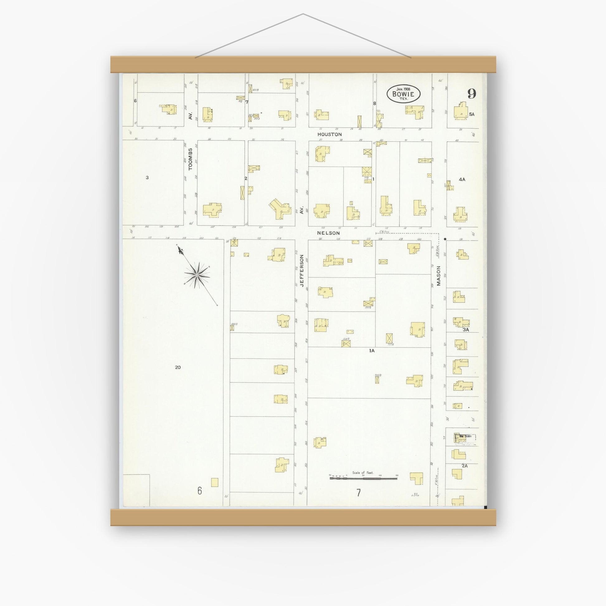 Old map wall art mockup — magnetic wood frame on white wall — Sanborn Fire Insurance Map from Bowie, Montague County, Texas (1908), Sheet #0009