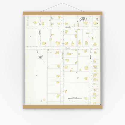Old map wall art mockup — magnetic wood frame on white wall — Sanborn Fire Insurance Map from Bowie, Montague County, Texas (1908), Sheet #0009