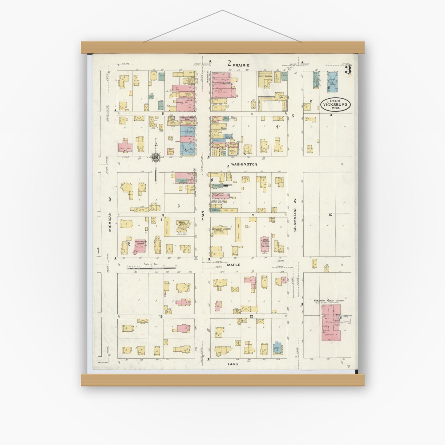 Old map wall art mockup — magnetic wood frame on white wall — Sanborn Fire Insurance Map from Vicksburg, Kalamazoo County, Michigan (1910), Sheet #0003