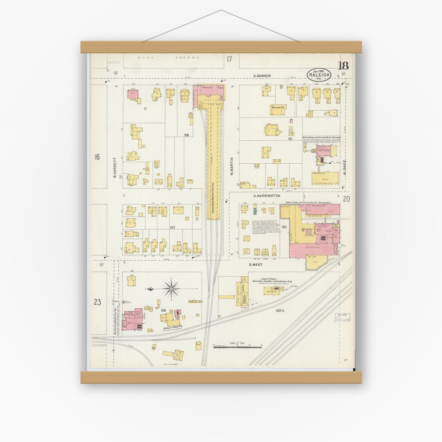 Old map wall art mockup — magnetic wood frame on white wall — Sanborn Fire Insurance Map from Raleigh, Wake County, North Carolina (1903), Sheet #0018