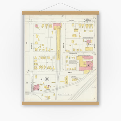 Old map wall art mockup — magnetic wood frame on white wall — Sanborn Fire Insurance Map from Raleigh, Wake County, North Carolina (1903), Sheet #0018