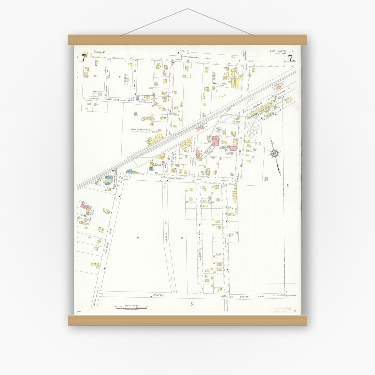 Old map wall art mockup — magnetic wood frame on white wall — Sanborn Fire Insurance Map from Easthampton, Suffolk County, New York (1936), Sheet #0007