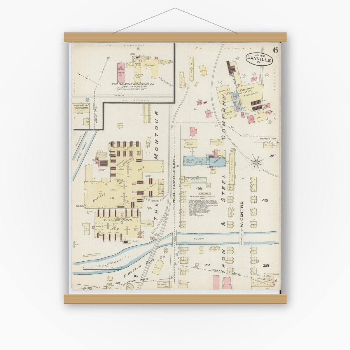 Old map wall art mockup — magnetic wood frame on white wall — Sanborn Fire Insurance Map from Danville, Montour County, Pennsylvania (1885), Sheet #0006