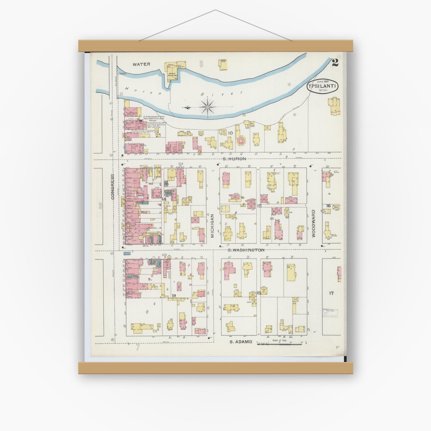 Old map wall art mockup — magnetic wood frame on white wall — Sanborn Fire Insurance Map from Ypsilanti, Washtenaw County, Michigan (1893), Sheet #0002