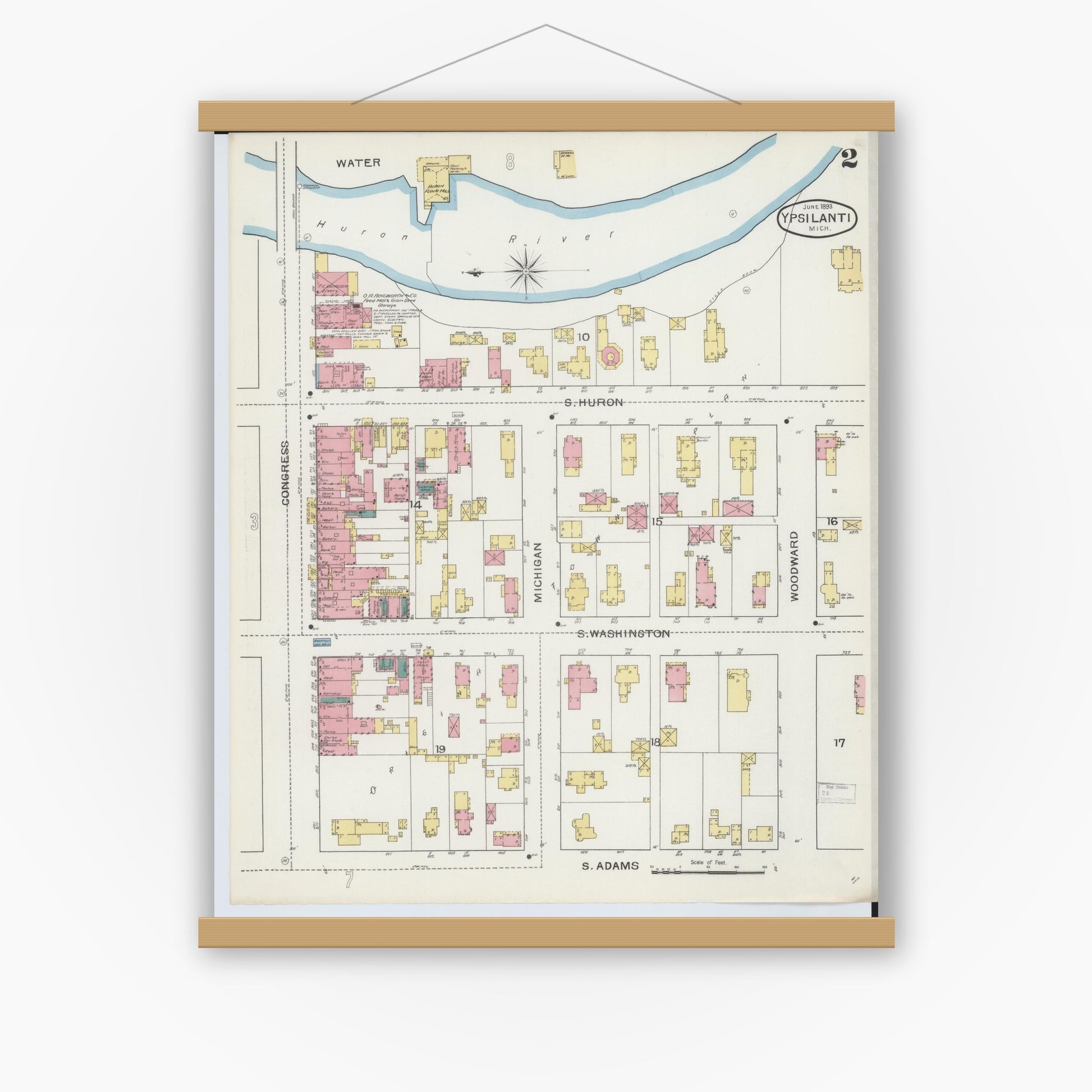 Old map wall art mockup — magnetic wood frame on white wall — Sanborn Fire Insurance Map from Ypsilanti, Washtenaw County, Michigan (1893), Sheet #0002