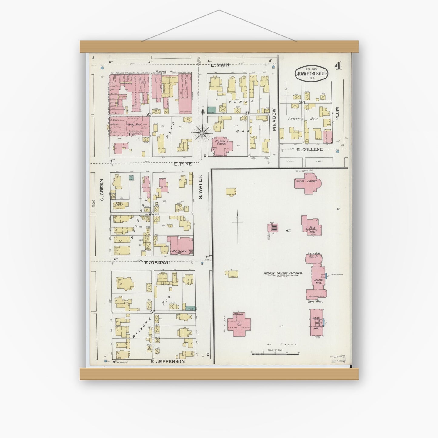 Old map wall art mockup — magnetic wood frame on white wall — Sanborn Fire Insurance Map from Crawfordsville, Montgomery County, Indiana (1887), Sheet #0004